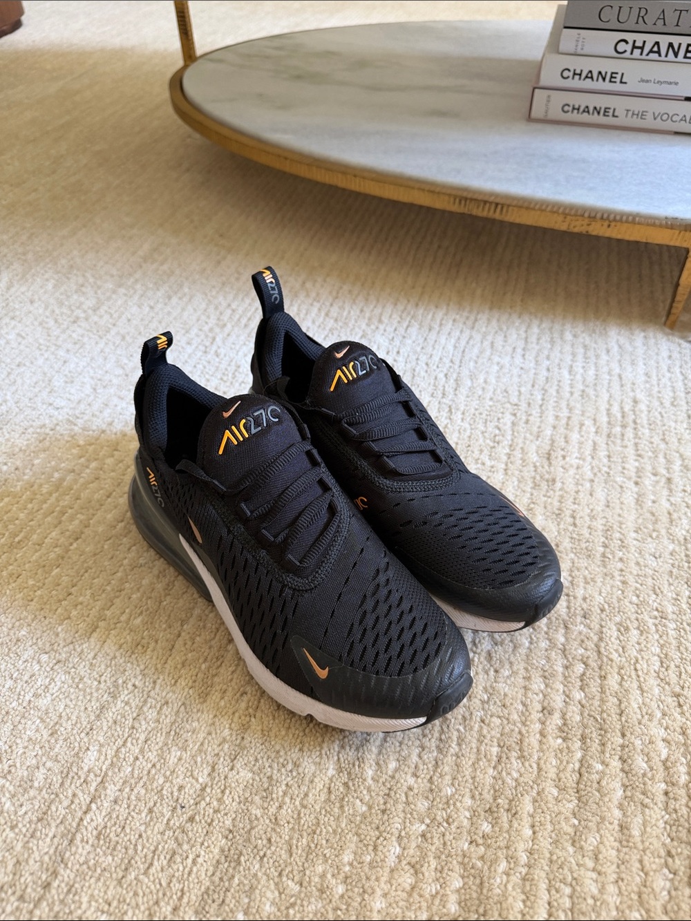 Nike Air Max 270 kid’s Black with Gold Accent Athletic Shoes